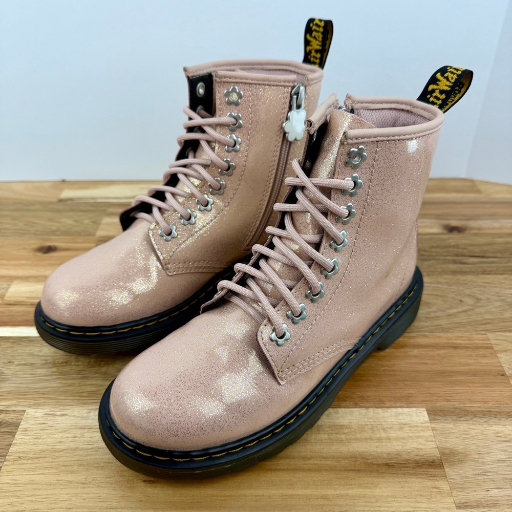 Dr. Martens 1460 J Kids Pink Iridescent Glitter Patent Lace Up Boots Size 3 US